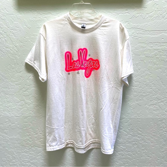 Gildan Tops - Vintage 90s Las Vegas Print Large T-Shirt Women's White w/ Hot Pink Neon Graphic